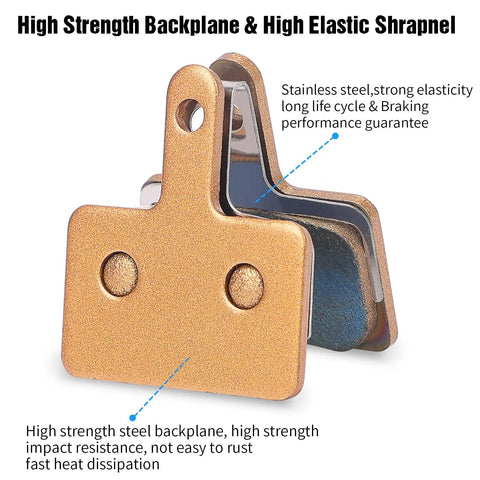 Four Pairs Of Sintered Metal MTB Brake Pads For E Bikes And Scooters shown with steel backplate and blue interior padding