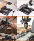 Heavy Duty Drill Press Vise 5 Inch with Quick Release for Workbench, Industrial Cast Steel Bench Clamp, One-Click Positioning, Locking Safety Feature, High-Precision Machining Clamp in use on wood and metal