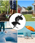 Collage featuring 12 Inch Earth Auger Drill Bit for planting, gardening, beach umbrella setup, and winter farm use, fits post hole digger powerheads.