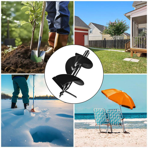 Collage featuring 12 Inch Earth Auger Drill Bit for planting, gardening, beach umbrella setup, and winter farm use, fits post hole digger powerheads.