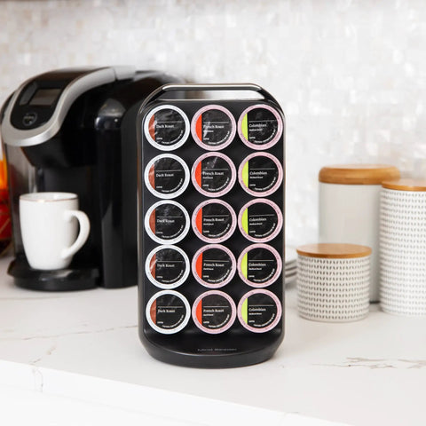 30 Pod Capacity Single Serve Coffee Pod Storage, Countertop Carousel Organizer In Black on kitchen counter