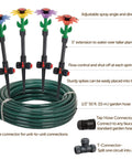 50 Ft Daisy Garden Hose And Sprinkler System with colorful daisies, ABS hose, adjustable nozzles, no tools installation.