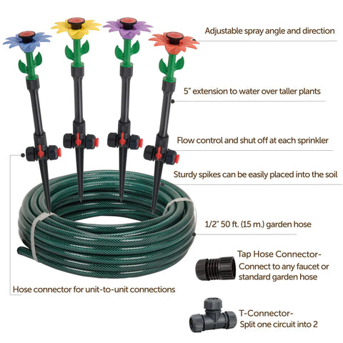 50 Ft Daisy Garden Hose And Sprinkler System with colorful daisies, ABS hose, adjustable nozzles, no tools installation.
