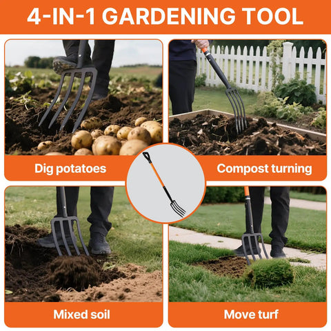 Heavy Duty 4-Tine Garden Fork With Fiberglass Handle for Digging and Aerating Soil Spading and Composting Root Harvesting Potatoes