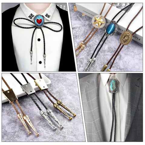 DIY Bolo Tie Making Kit With 3 Braided Leather Cords, 6 Alloy Cord Ends, 3 Iron Bolo Tie Slides, And 3 Classic Color Cords In Black, Gold, And Antique Copper For Crafting Custom Fits From Formal To Casual. Bolo tie set with braided cords and metal ends