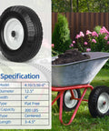 Flat Free Tire And Wheel 4.10 3.50 6 Size For Wheelbarrow And Hand Truck, 12 Inch Diameter, shown with wheelbarrow specifications.