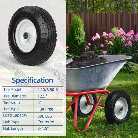 Flat Free Tire And Wheel 4.10 3.50 6 Size For Wheelbarrow And Hand Truck, 12 Inch Diameter, shown with wheelbarrow specifications.