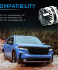 Beefed Up 130A High Output Alternator Replacement for Honda Odyssey 2011 2013 3.5L, Honda Pilot 2012 2015 3.5L, Ridgeline 2012 2014 3.5L with Internal Regulator and Fan shown beside a blue SUV on a muddy road.