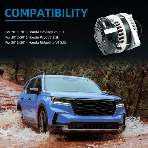 Beefed Up 130A High Output Alternator Replacement for Honda Odyssey 2011 2013 3.5L, Honda Pilot 2012 2015 3.5L, Ridgeline 2012 2014 3.5L with Internal Regulator and Fan shown beside a blue SUV on a muddy road.