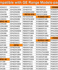 Compatibility chart for GE range models showing replacement compatibility for upgraded 9 inch dual radiant surface element.