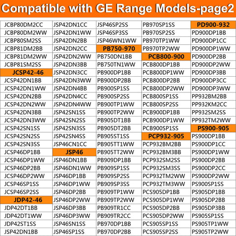 Compatibility chart for GE range models showing replacement compatibility for upgraded 9 inch dual radiant surface element.