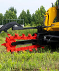 Workhorse Skid Steer Trencher Attachment With Beefy Steel Frame And Tungsten Carbide Teeth Compatible With Bobcat And Most Skid Steer Loaders Perfect For Clay Sand And Rocky Soil Ideal For Construction Farm Irrigation And Utility Line Projects displayed attached to a yellow loader.