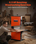 Man using 9 Inch Benchtop Woodworking Band Saw with 0.5 HP Motor for Beast Mode Cuts up to 3.5 Inches, 11.8 by 11.8 inch cast aluminum table.