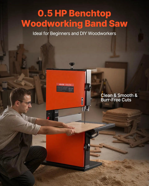 Man using 9 Inch Benchtop Woodworking Band Saw with 0.5 HP Motor for Beast Mode Cuts up to 3.5 Inches, 11.8 by 11.8 inch cast aluminum table.