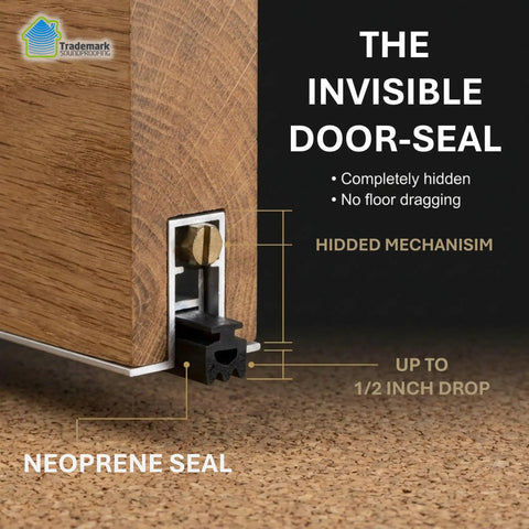 Close-up of Auto Drop Under Door Seal Strip with invisible neoprene seal and hidden mechanism on wooden door edge.