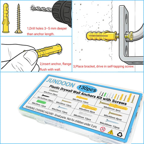 All In One 130 Piece Drywall Anchors And Screws Kit With 6 Sizes Plastic Wall Anchors And Phillips Flat Head Wood Screws usage guide.