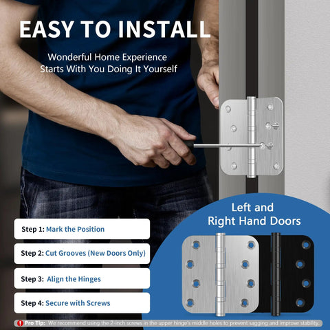 Image showing installation steps for Heavy Duty Ball Bearing Door Hinges 4X4 Brushed Nickel Finish exterior and interior hardware.