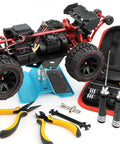 RC car repair setup with All In One 12 Piece RC Car Repair Tool Kit With Hex Screwdrivers Pliers Wrenches Nut Drivers and tool case