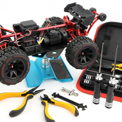 RC car repair setup with All In One 12 Piece RC Car Repair Tool Kit With Hex Screwdrivers Pliers Wrenches Nut Drivers and tool case