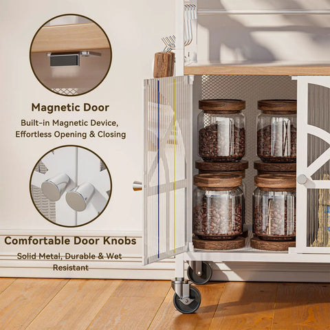 Close-up of the magnetic door and storage jars of the Slick 3 Tier Rolling Coffee Bar Cart For Compact Kitchens Featuring Space Savvy Corner Layout Easy Glide Casters And Nifty K Cup Pod Rack Plus Storage Hooks.
