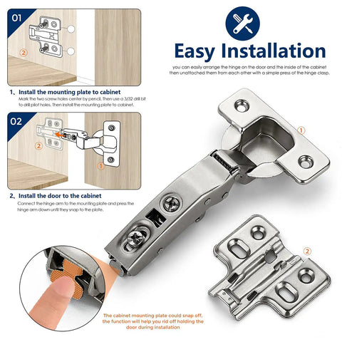Easy installation of Two Pack European Full Overlay Concealed Cabinet Hinges for frameless kitchens, showing mounting process.