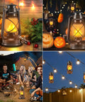 Collage of waterproof hanging lanterns with lit dancing flame LED lights for camping and patio decor, remote control nightlight.