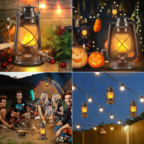 Collage of waterproof hanging lanterns with lit dancing flame LED lights for camping and patio decor, remote control nightlight.
