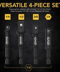 Impact Socket Adapter And Magnetic Bit Holder Set, Four Piece 1/4 Inch Hex Shank Extensions To 1/4, 3/8, And 1/2 Inch Drives