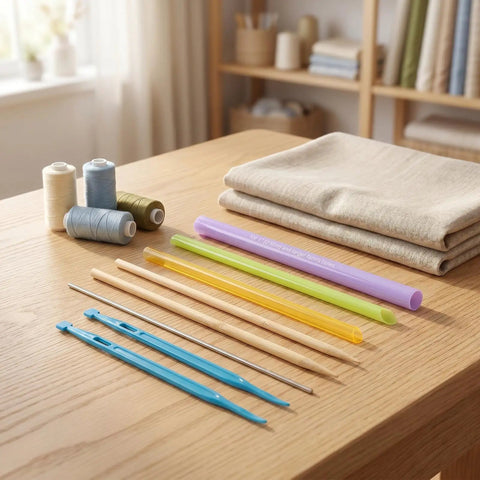 Fabric Loop Turner Tool For DIY Sewing And Hand Knitting With Plastic And Metal Threading Rods No Fuss Tube Turning For Apron Ties Garment Edges Straps And All Fabric Types. sewing tools and fabric tubes on a table