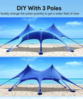 Beach Tent Shade Canopy 20 By 13 Ft UPF50 Plus Sun Shelter with 3 and 2 pole configurations on a sunny beach, blue