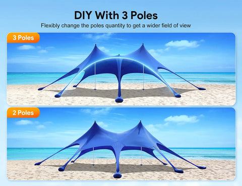 Beach Tent Shade Canopy 20 By 13 Ft UPF50 Plus Sun Shelter with 3 and 2 pole configurations on a sunny beach, blue