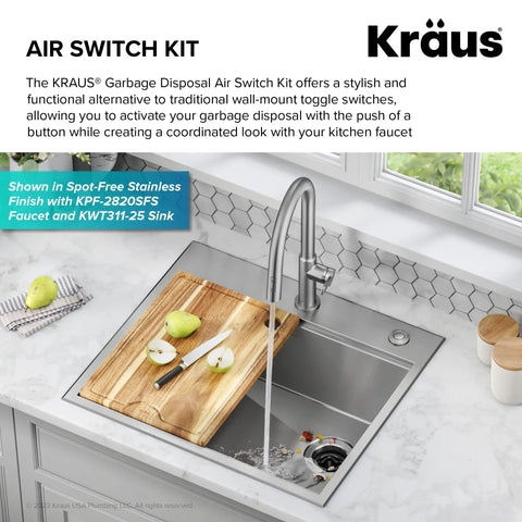 Easy Install Garbage Disposal Air Switch Kit In Matte Black with faucet, sink, and cutting board on kitchen countertop