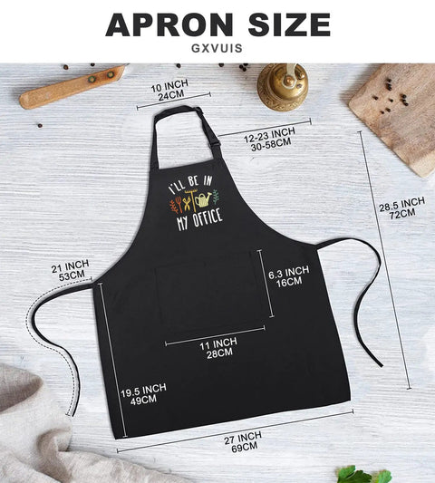 Women Waterproof Adjustable Bib Apron With Two Pockets For Kitchen And Garden Durable Multi Use Apron For Cooking Gardening Barbecuing And More In Black displayed with measurements on a wooden surface