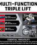 Big Wheel Three In One Garage Jack For Cars Trucks And Motorcycles With One And A Half Ton Capacity And 3000 Pound Lift Off Road Ready
