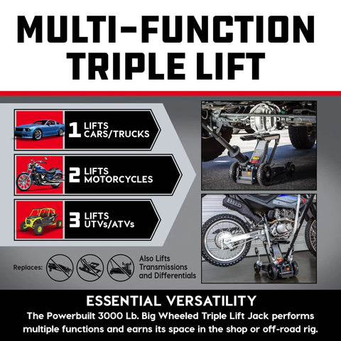 Big Wheel Three In One Garage Jack For Cars Trucks And Motorcycles With One And A Half Ton Capacity And 3000 Pound Lift Off Road Ready
