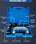 Front view of SIXIWANZI 10-piece ball joint press kit in blue case; press, jack screw, adapters, cups and tubes.