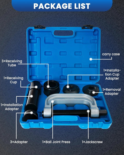 Front view of SIXIWANZI 10-piece ball joint press kit in blue case; press, jack screw, adapters, cups and tubes.