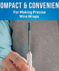 Person holding two in one handy wire wrapping and unwrapping tool for 22 24 AWG wire 13/64 OD one inch hole depth compact precision tool