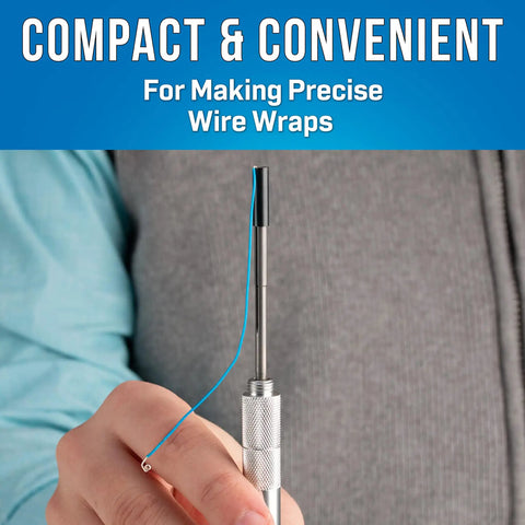 Person holding two in one handy wire wrapping and unwrapping tool for 22 24 AWG wire 13/64 OD one inch hole depth compact precision tool