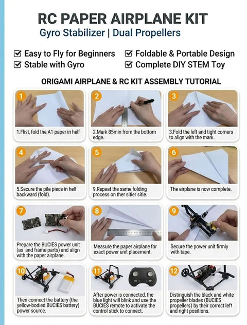 Assembly instructions for Electric RC Paper Airplane Kit With Gyro Stabilizer For Smooth Outdoor Flights, DIY model.