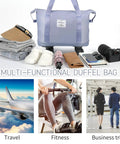 Expandable Rolling Duffle Bag With Wheels For Travel Under Seat Carry-On Duffel 18L To 44L Capacity Waterproof Oxford Exterior Durable Zippers Quiet Smooth Wheels Weekend-Ready Getaways Blue with travel essentials and camera.