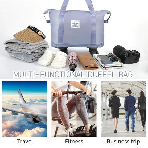 Expandable Rolling Duffle Bag With Wheels For Travel Under Seat Carry-On Duffel 18L To 44L Capacity Waterproof Oxford Exterior Durable Zippers Quiet Smooth Wheels Weekend-Ready Getaways Blue with travel essentials and camera.