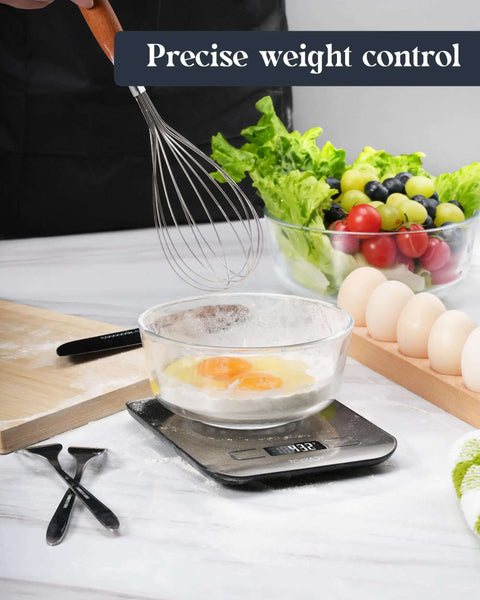 All In One 11 Pound Digital Kitchen Scale With Six Unit Modes G Kg Lb Oz Ml Milk Ml And Tare Function, weighing ingredients for baking.