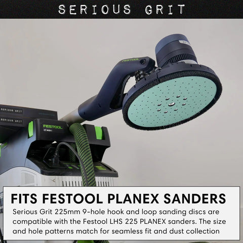 Heavy Duty 9-Hole 40 Grit Drywall Sanding Discs For Festool Planex LHS 225 Sanders with green pad and dust control holes