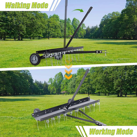 40 Inch Tow Behind Dethatcher With 20 Rust Proof Heat Treated Tines shown in walking and working modes on a lawn