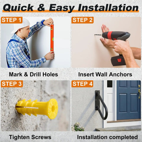 Step-by-step guide for Compact U Shaped Pipe Grab Handle Wall Mount For 1 To 2 Steps installation on wall.