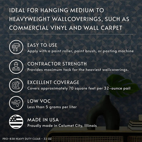 Heavy Duty Wallpaper Adhesive For Commercial Grade Hangs Heavy Wall Coverings Clear PRO 838 32 Ounce benefits overview