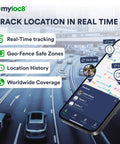 Heavy Duty Waterproof GPS Tracker For Cars Trucks And Trailers With 4G LTE shows real-time location tracking app on phone.