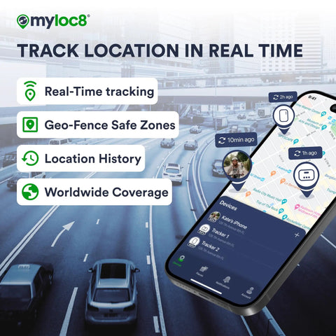Heavy Duty Waterproof GPS Tracker For Cars Trucks And Trailers With 4G LTE shows real-time location tracking app on phone.
