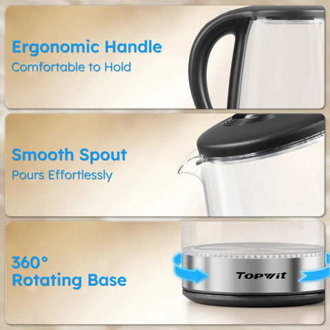 Clear Glass Electric Kettle 2L Fast Boil With Auto Shut Off Boil Dry Protection BPA Free Stainless Steel Lid And Base shown in three features: ergonomic handle, smooth spout, 360-degree rotating base.